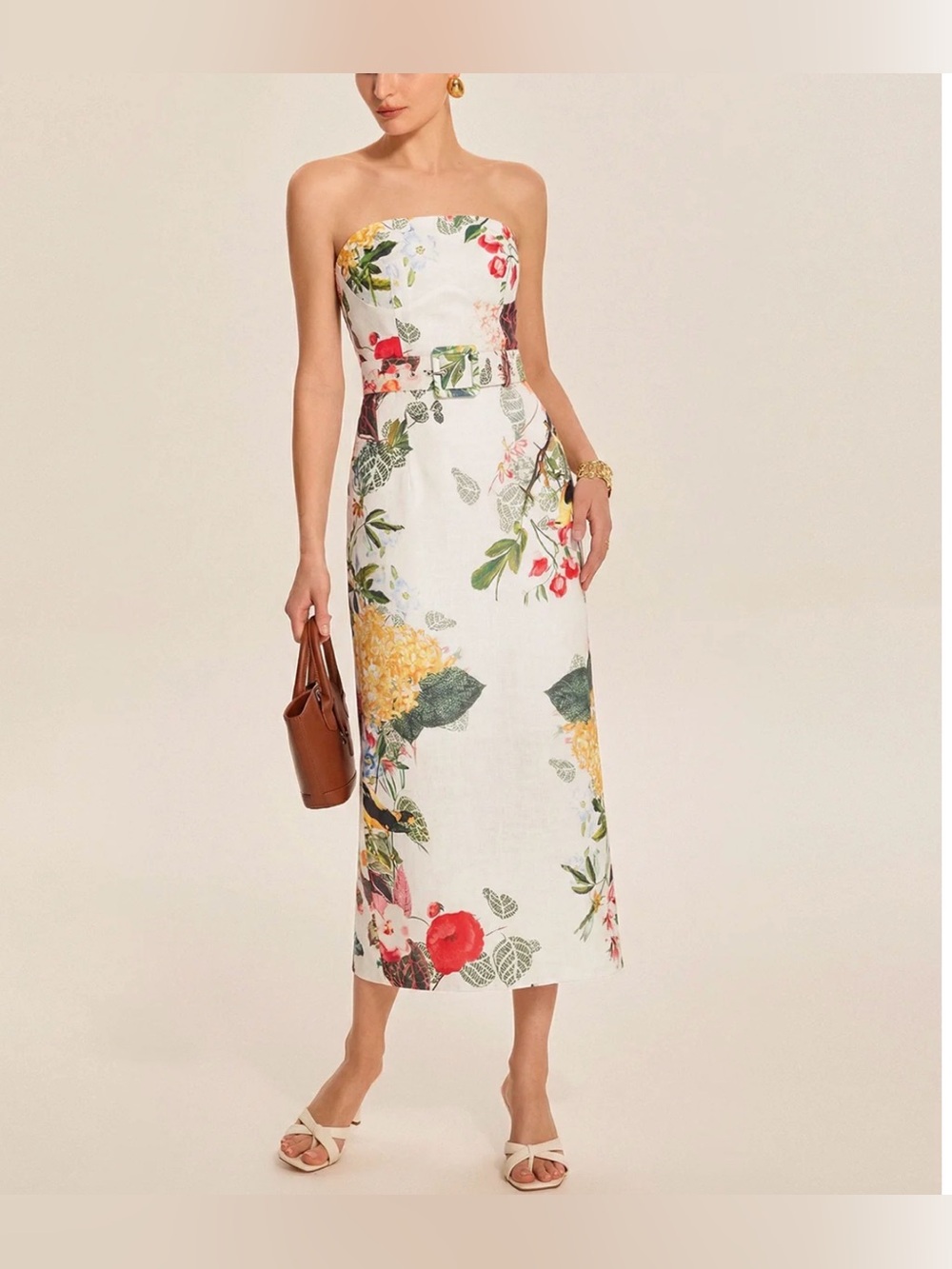 NWT Commense Floral Strapless White Midi Dress with Botanical Print